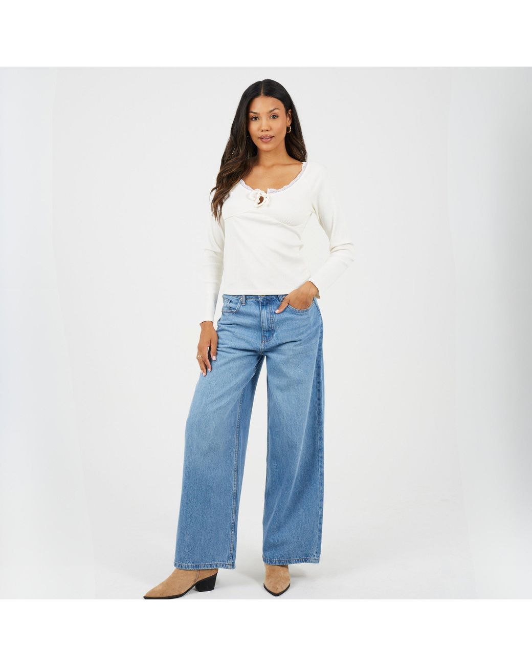 Brave Soul White Ladies Ribbed Long Sleeve Top