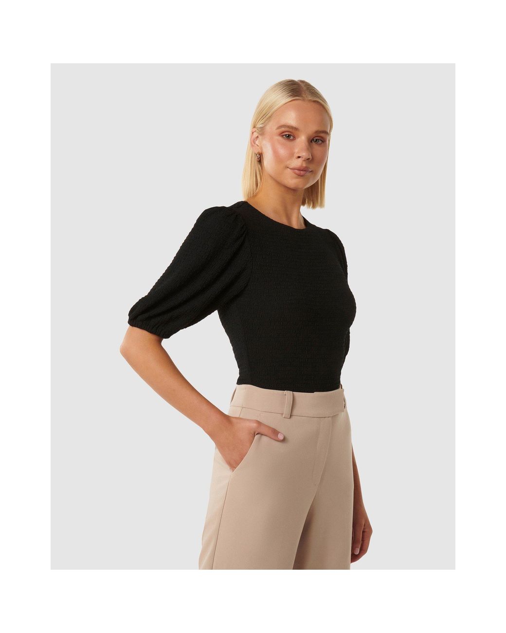 Forever New Black Jolanta Textured Puff Sleeve Top