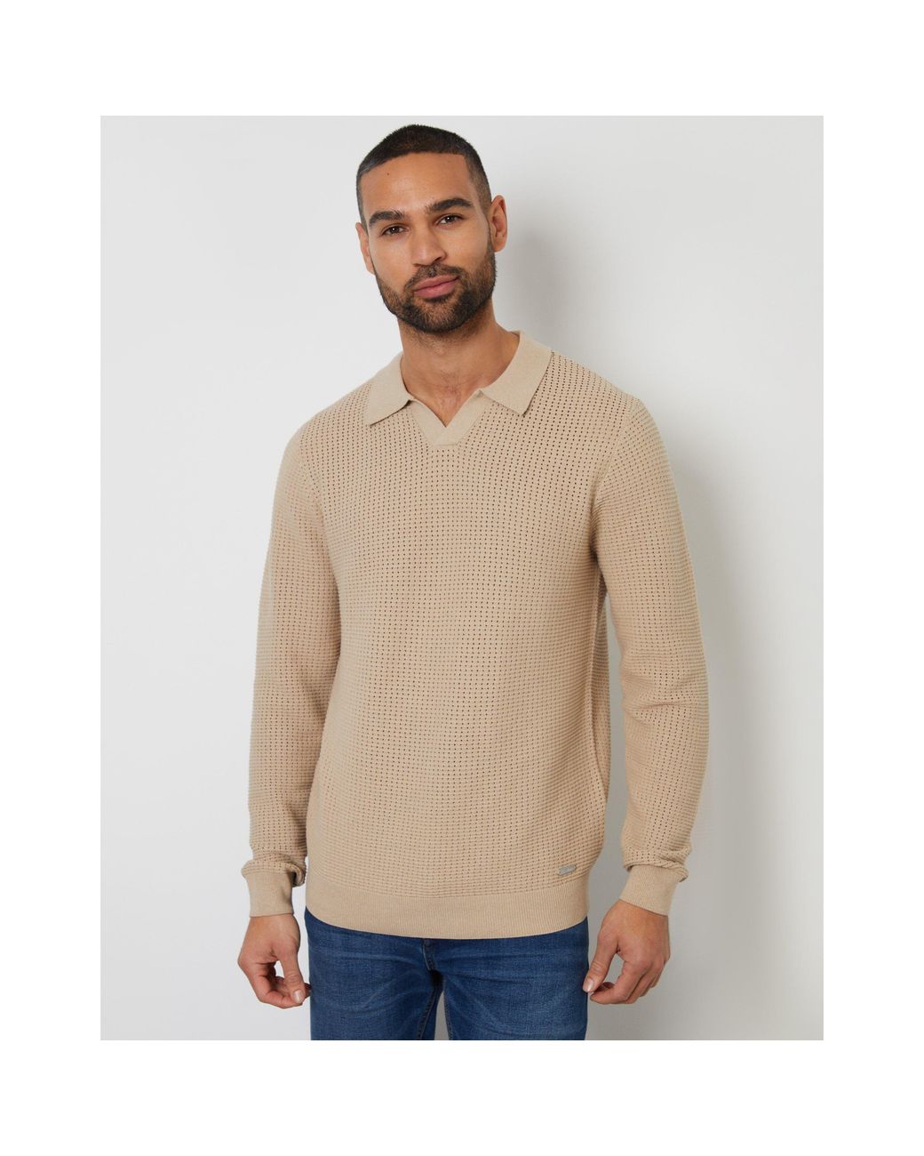 Threadbare Natural Brockholes Long Sleeve Knitted Polo Shirt for men
