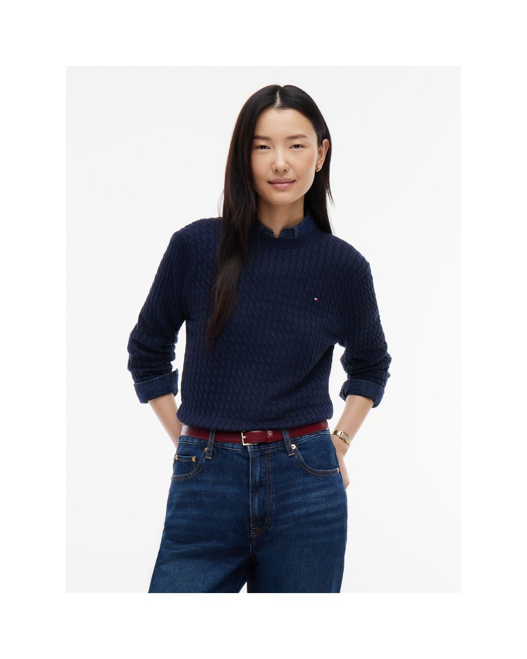 Tommy Hilfiger Blue Cable Fine Knit Cotton Long-Sleeve Jumper