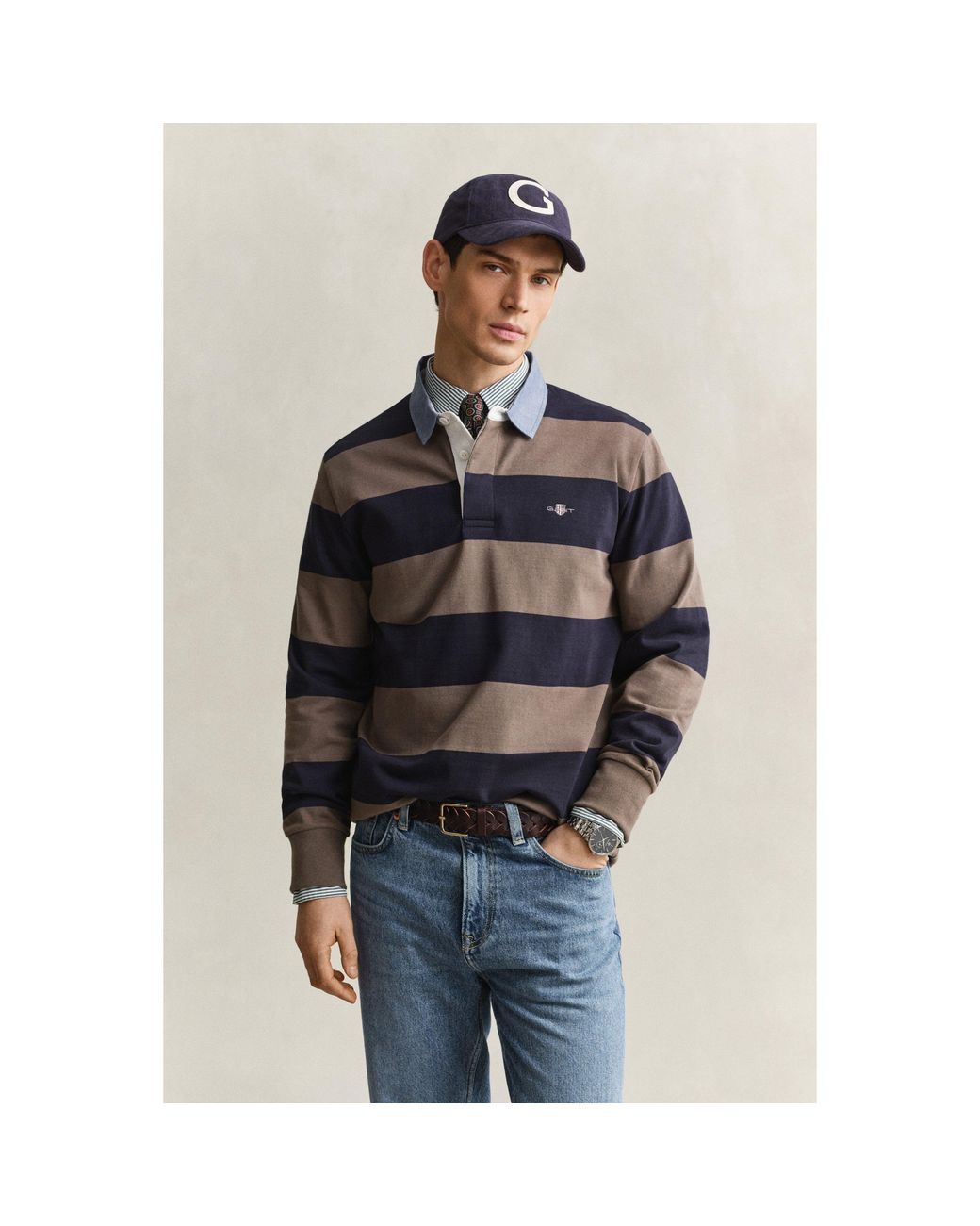 Gant Blue Striped Cotton Long-Sleeve Polo for men