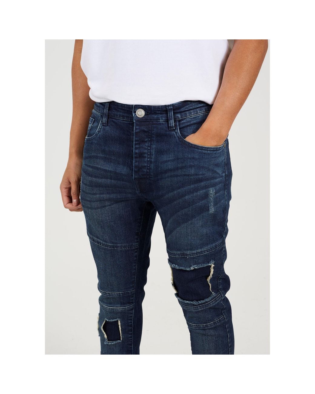 Brave Soul Blue Biker Jeans With Rip & Repair Patch Details for men