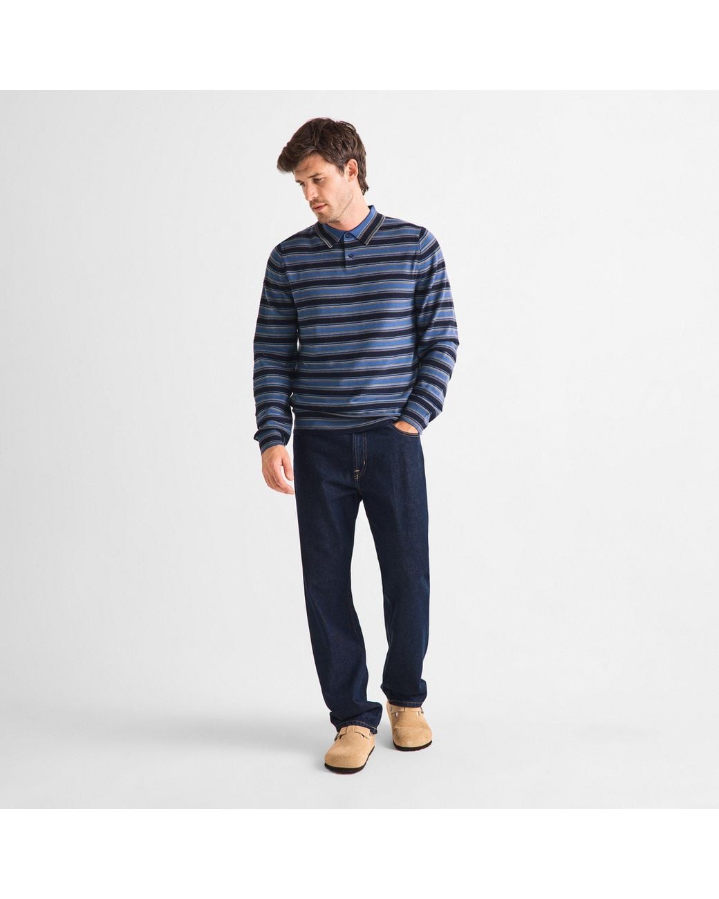 Paul Smith Blue Striped Merino Wool Long-Sleeve Knitted Polo Shirt for men