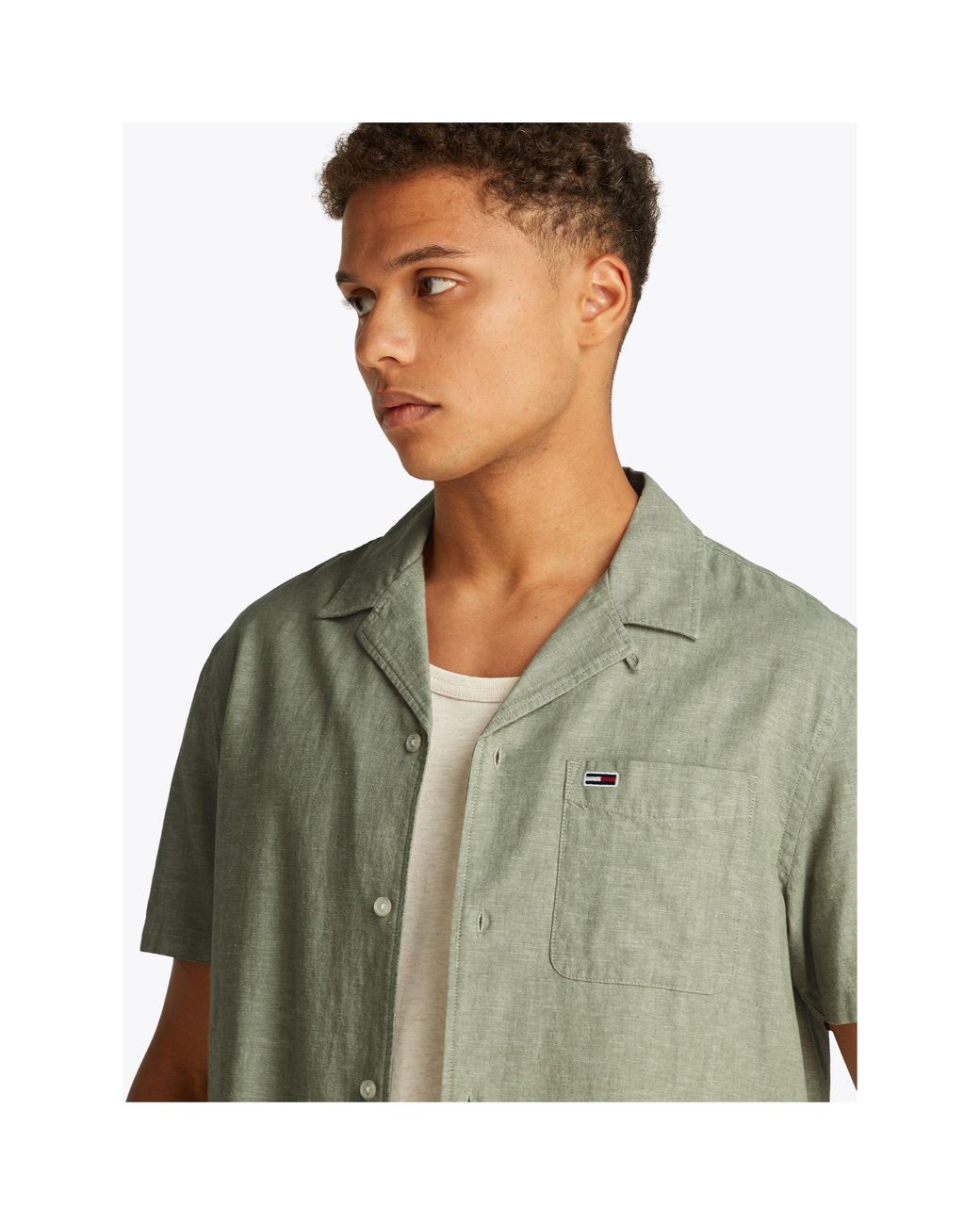 Tommy Hilfiger Green Linen Blend Short-Sleeve Plain Shirt for men