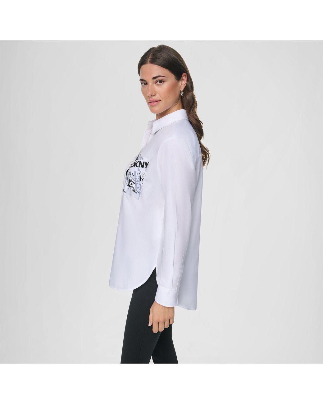DKNY White Pocket Print Cotton Long-Sleeve Patterned Shirt