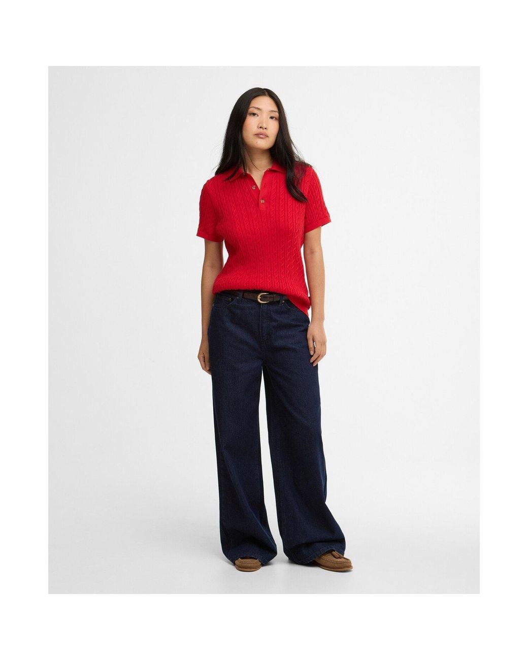 Barbour Red Hartland Short Sleeve Polo Neck Jumper