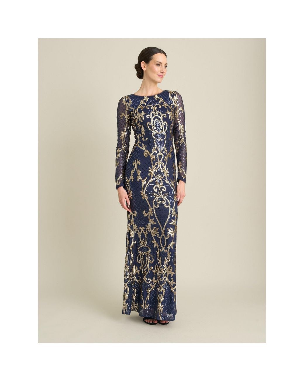 Gina Bacconi Blue Electra Long Sleeve Beaded Maxi Dress