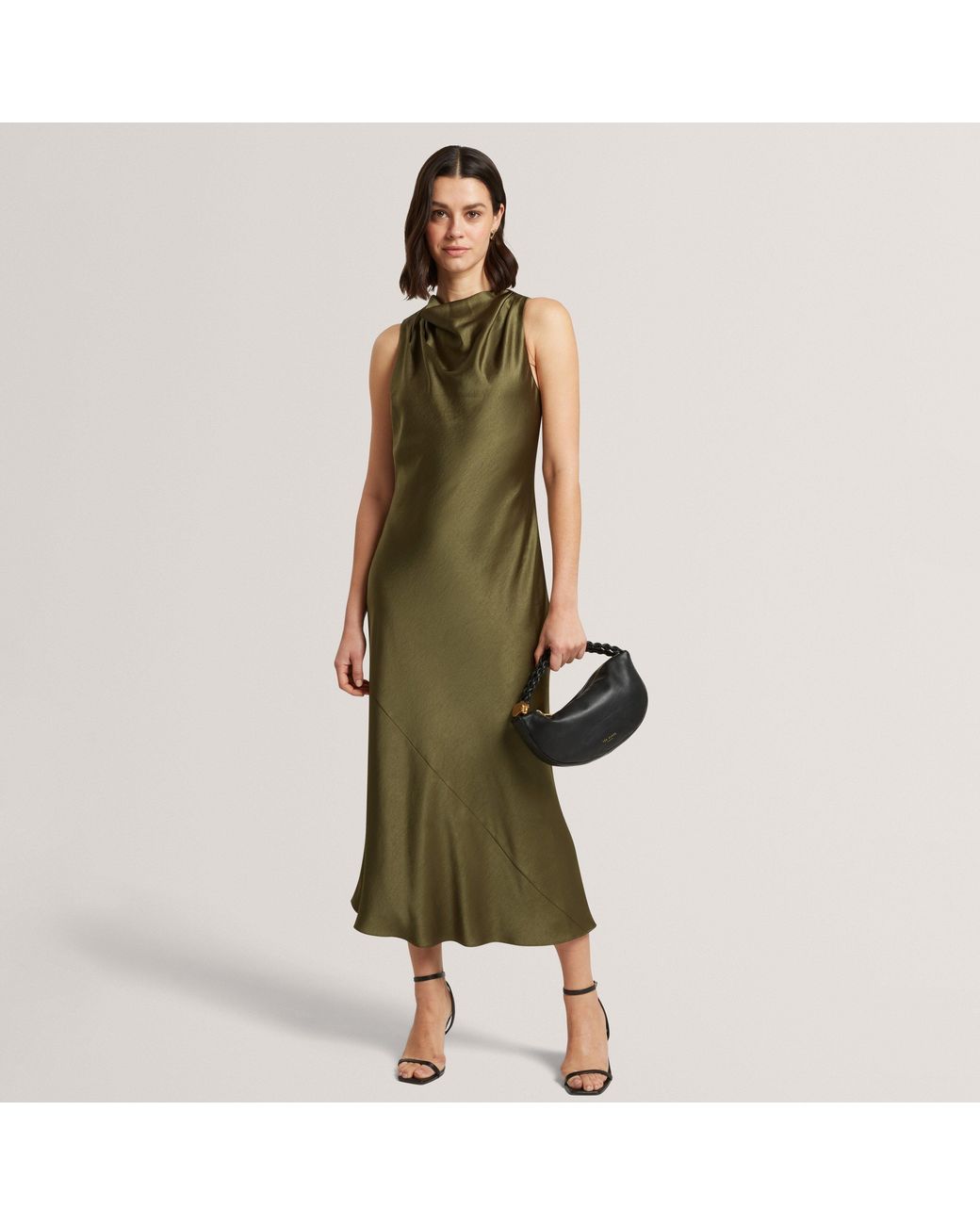 Ted Baker Green Sleeveless Cowl Neck Satin Midi Dress