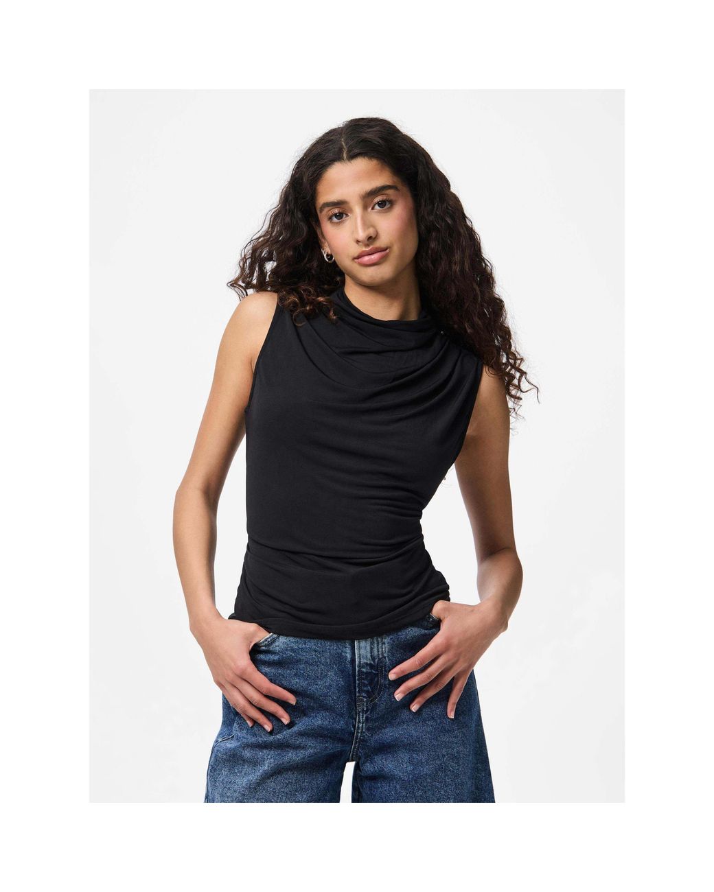 Pieces Black Madison Draped Sleeveless Slim-Fit Shirt