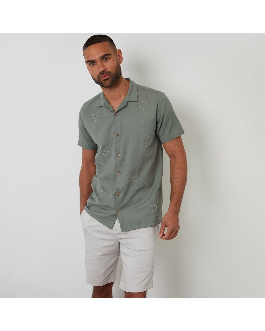 Threadbare Gray Linen Blend Palm Embroidered Short Sleeve Shirt for men
