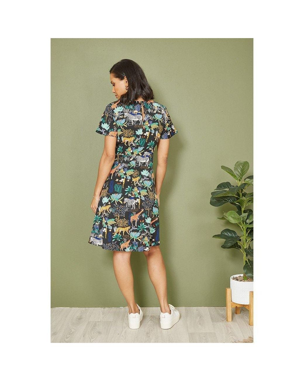 Yumi' Green Jungle Print Skater Dress