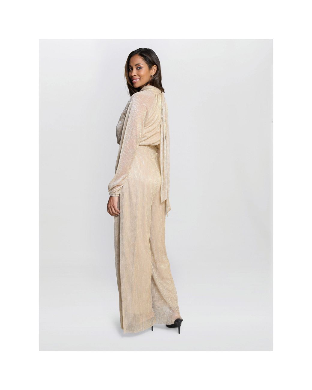 Gina Bacconi Natural Kylie Metallic Knit Jumpsuit