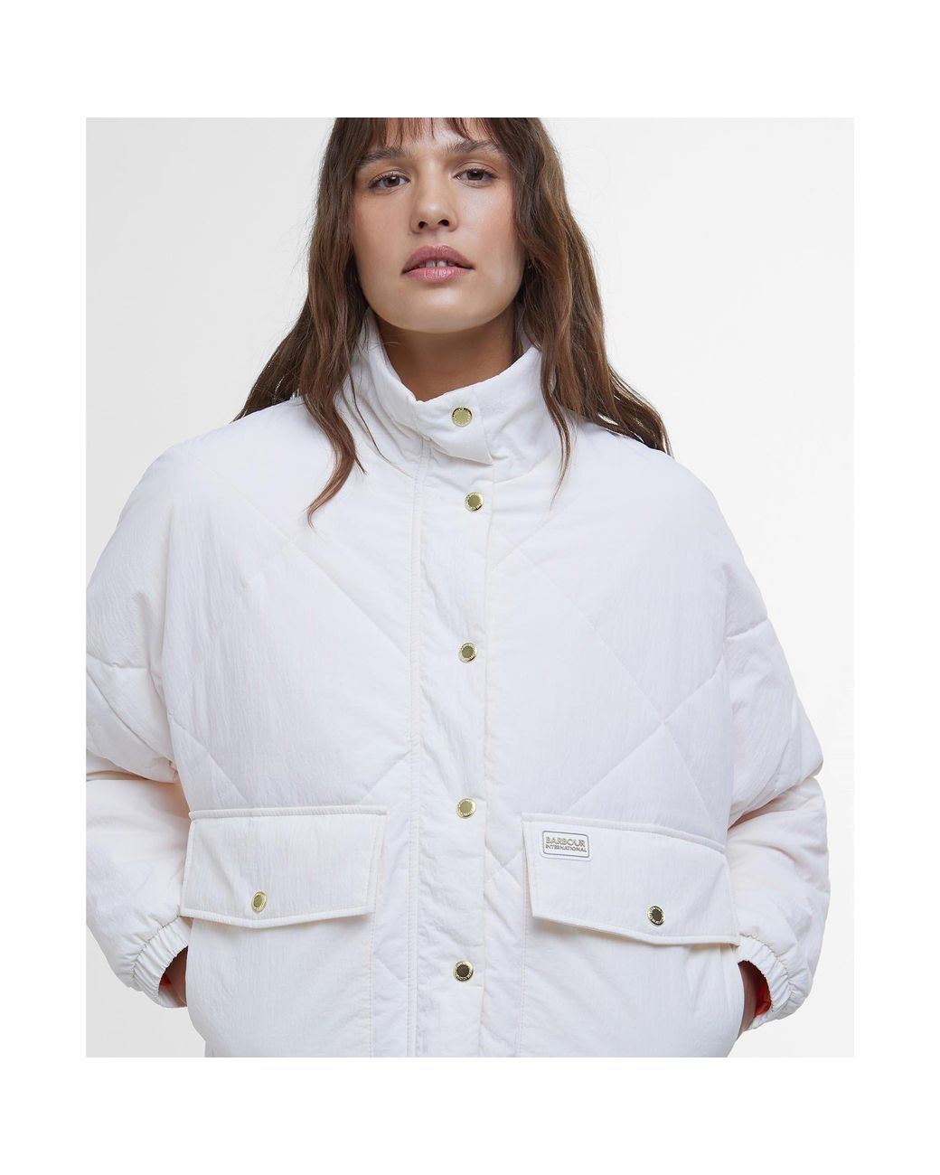 Barbour White Zola Long Sleeve Stand Collar Quilted Jacket