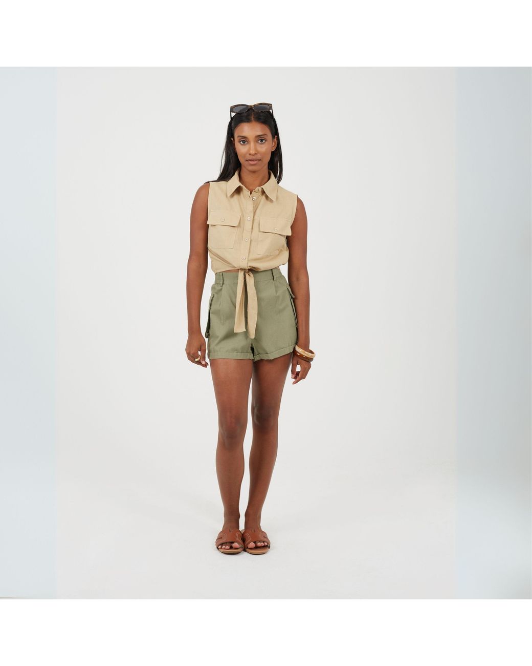 Brave Soul Green Sleeveless Collared Top With Tie Detail