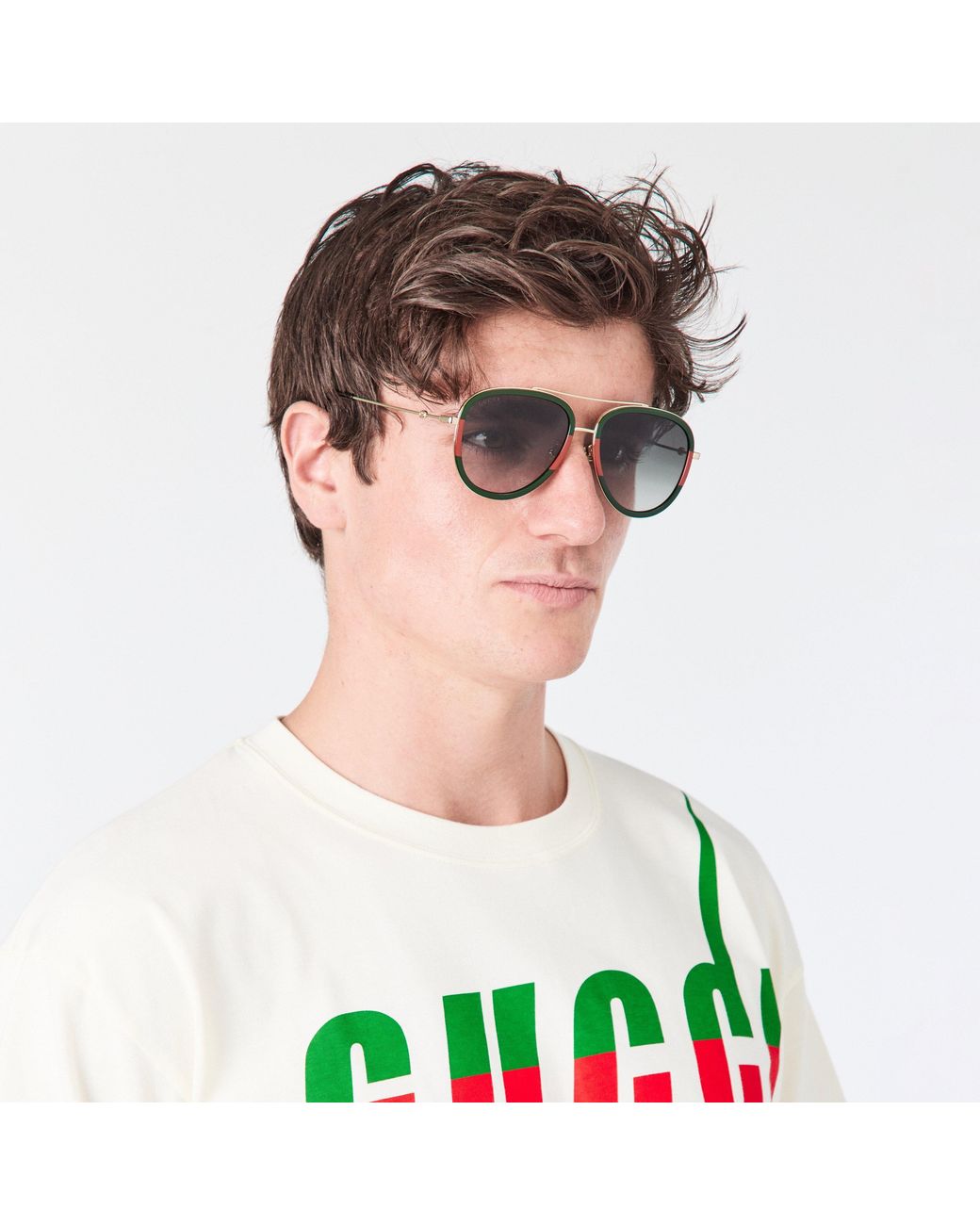 Gucci Gray Striped Aviator Metal Sunglasses for men