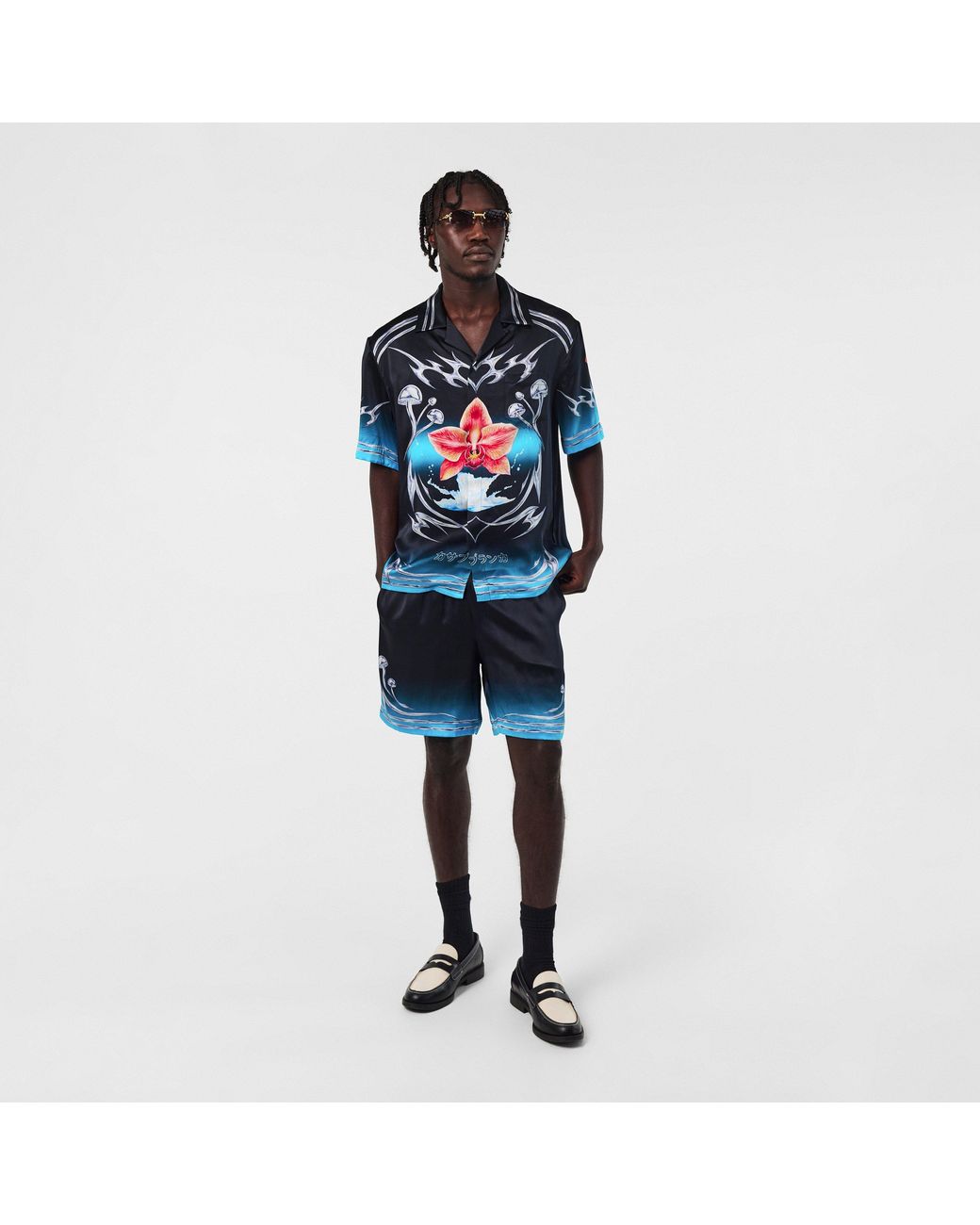 Casablanca Blue Blades Silk Relaxed Fit Woven Tracksuit Shorts for men