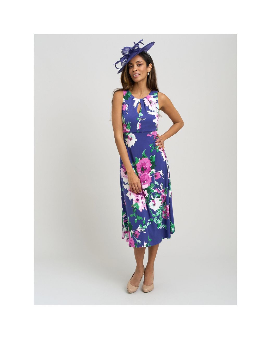 Gina Bacconi Blue Mary Ann Sleeveless Keyhole Print Midi Dress