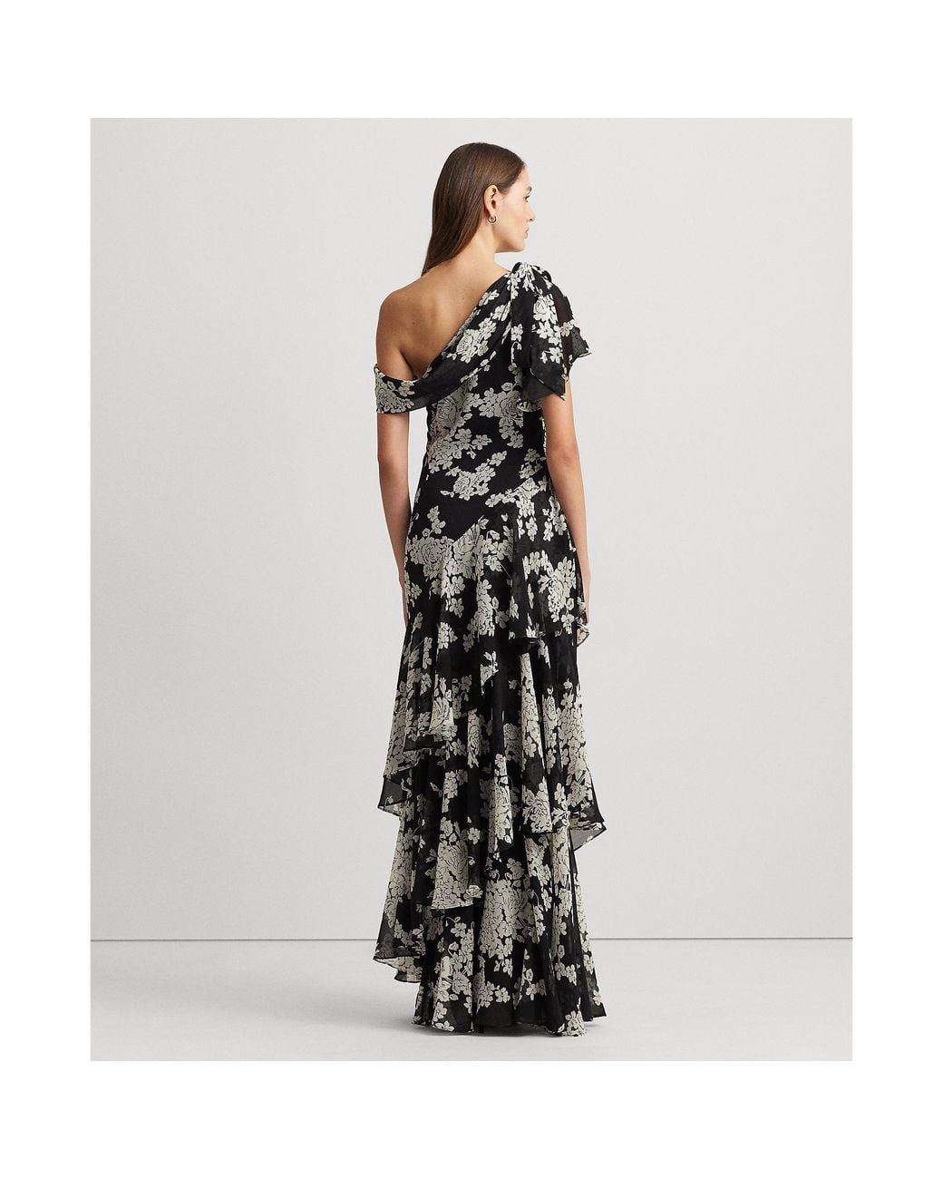 Ralph Lauren Black Floral Georgette One-Shoulder Gown