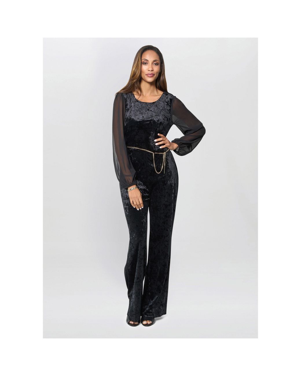 Gina Bacconi Black Alaska Velvet Jumpsuit With Sheer Sleeve