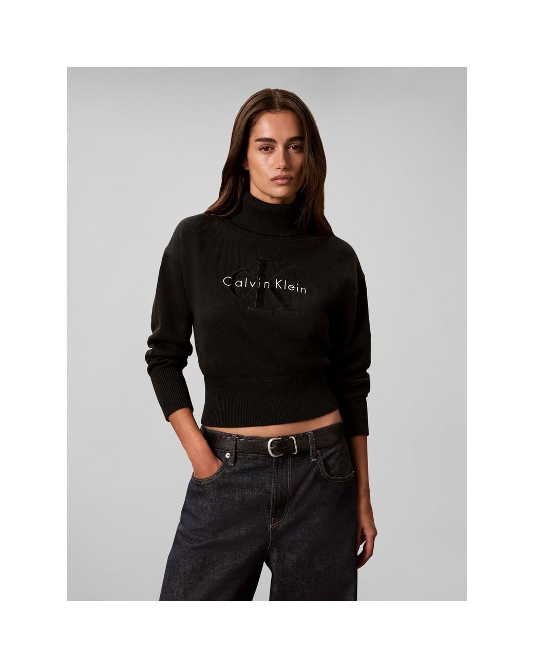 Calvin Klein Black Logo Fine Knit Cropped Turtle-Neck Jumper