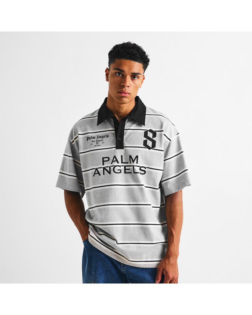 Palm Angels Gray Striped Cotton Oversized-Fit Short-Sleeve Polo Shirt for men