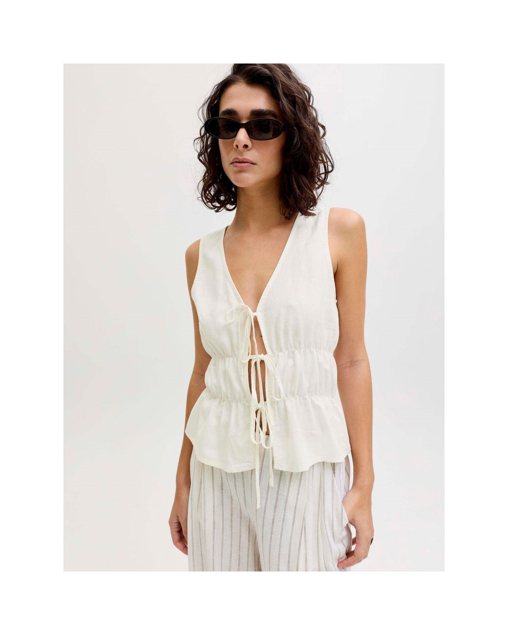 JJXX White Linen Blend Short Sleeve Tie Blouse