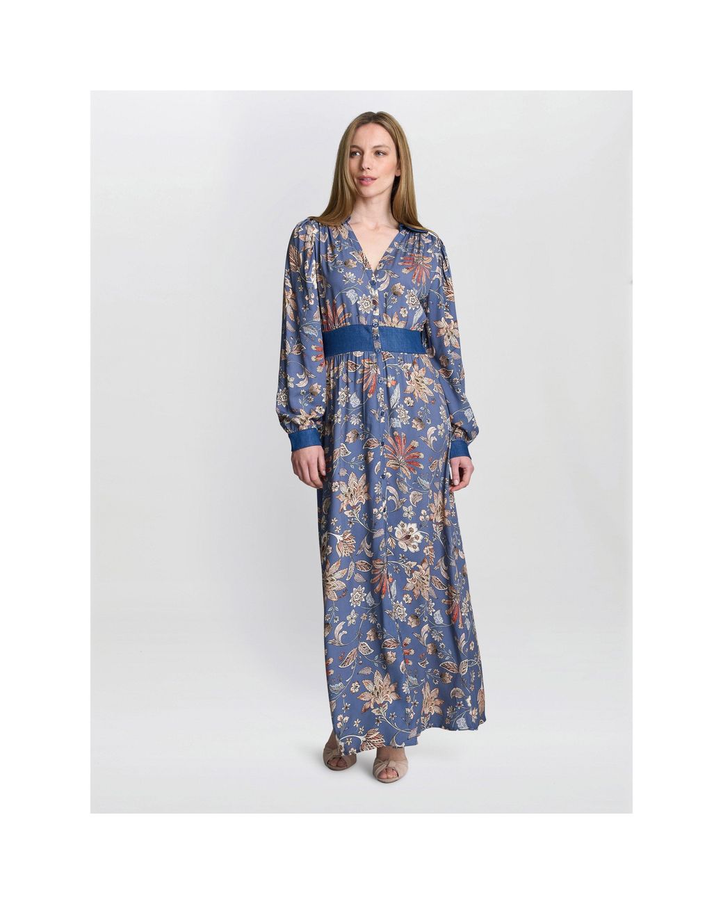 Gina Bacconi Blue Regina Waisted Chambray Detail Dress