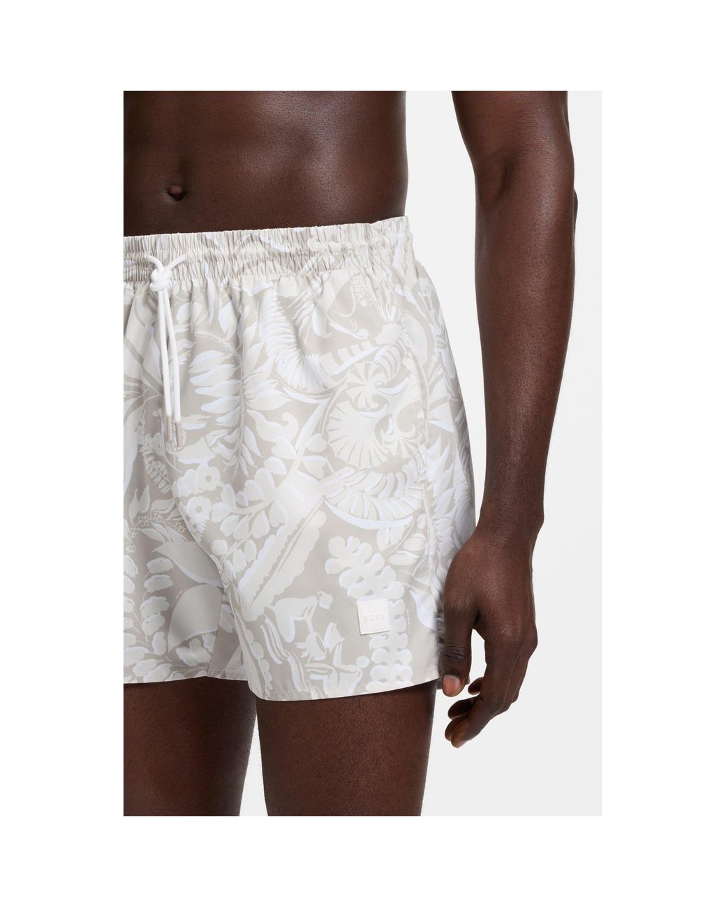 Boss White Piranha Printed Swim Shorts for men