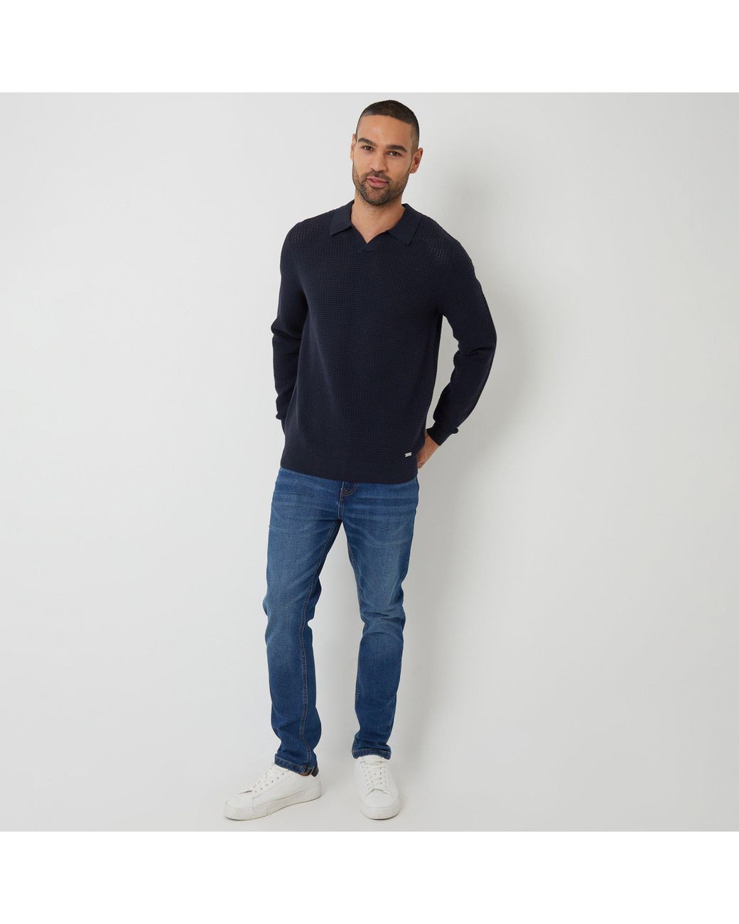 Threadbare Blue Textured Knitted Trophy Neck Long Sleeve Polo for men
