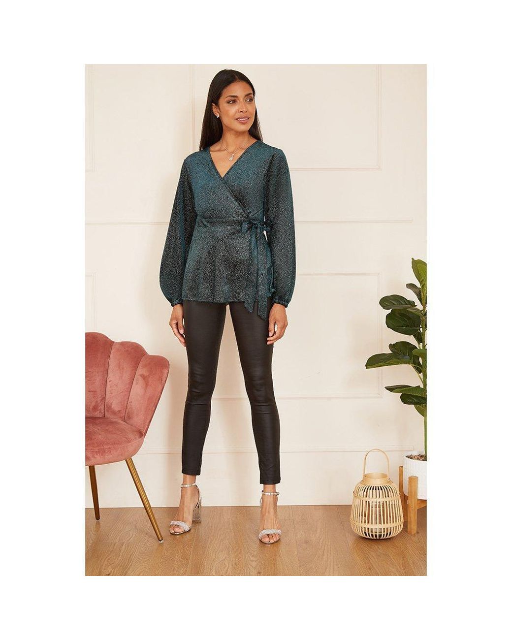 Yumi' Green Sparkle Velvet Wrap Top