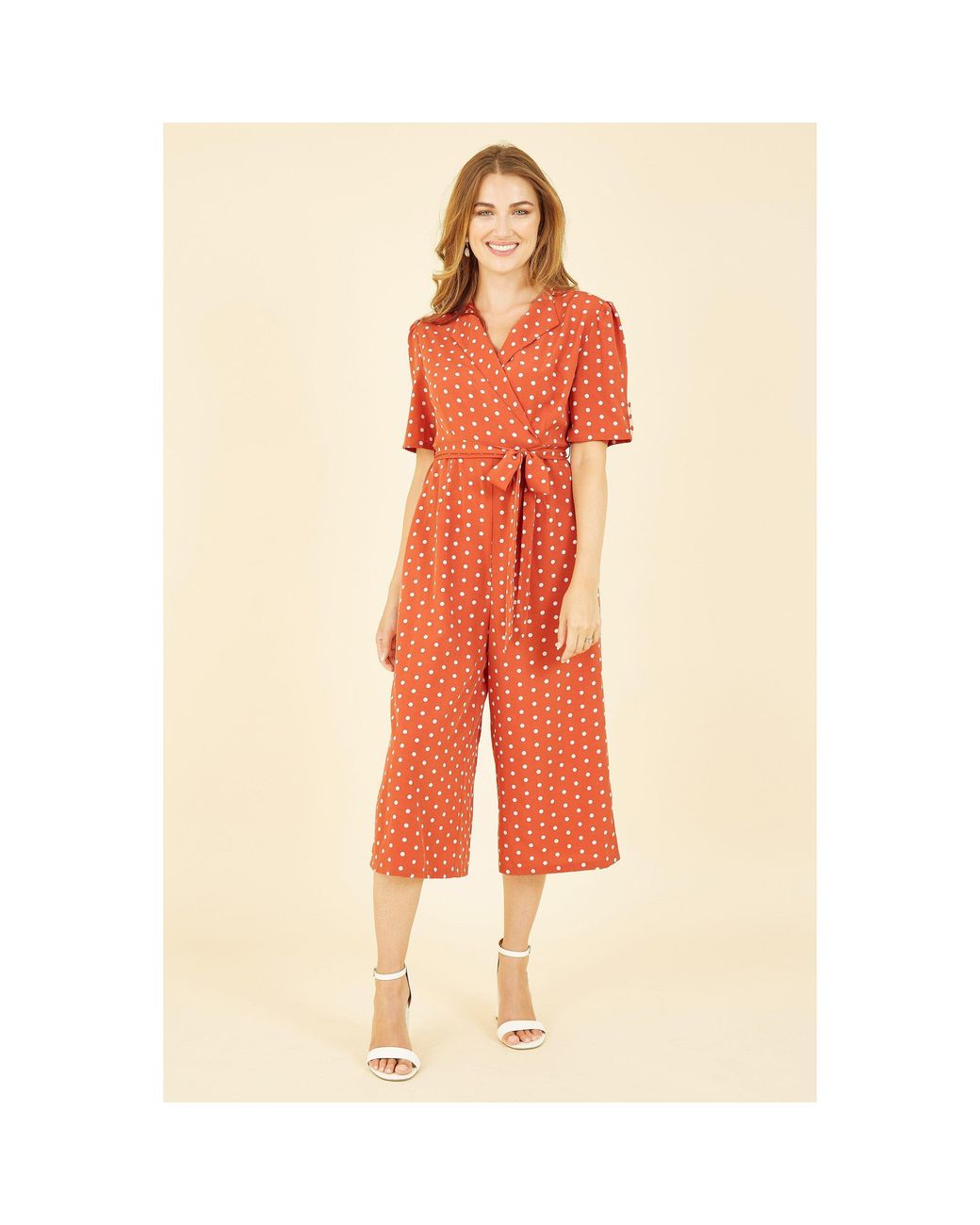 Yumi' Orange Spot Print Retro Culotte Jumpsuit