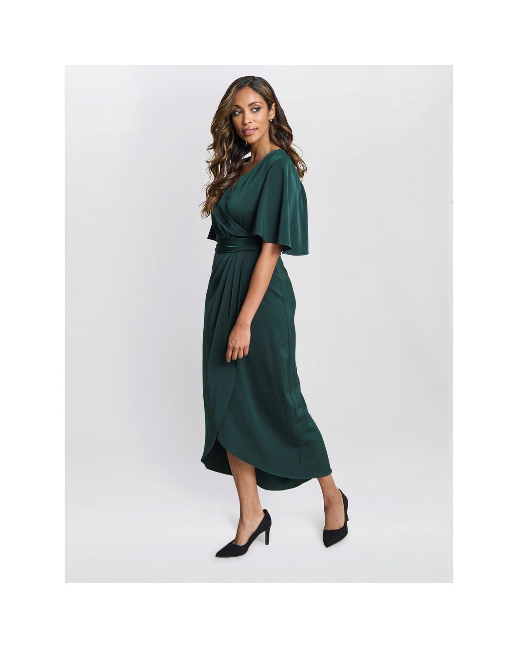 Gina Bacconi Green Misha V-Neck Midi Wrap Dress