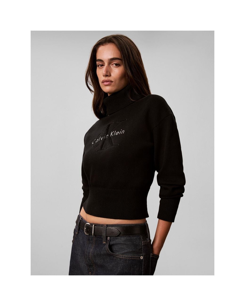 Calvin Klein Black Logo Fine Knit Cropped Turtle-Neck Jumper