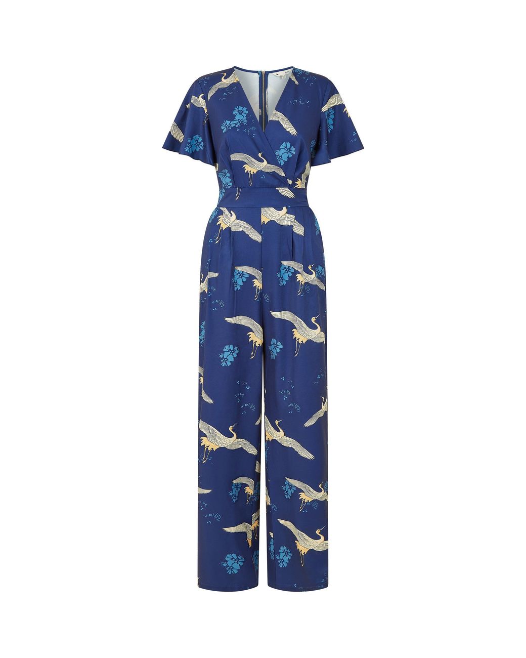 Yumi' Blue Crane Print Angel Sleeve Jumpsuit