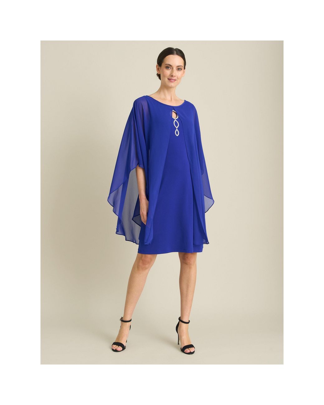 Gina Bacconi Blue Diamante Trim Chiffon Cape Dress