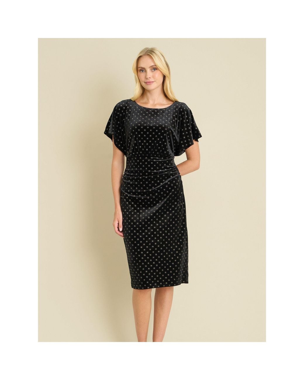 Gina Bacconi Black Iris Studded Draped Velvet Midi Dress