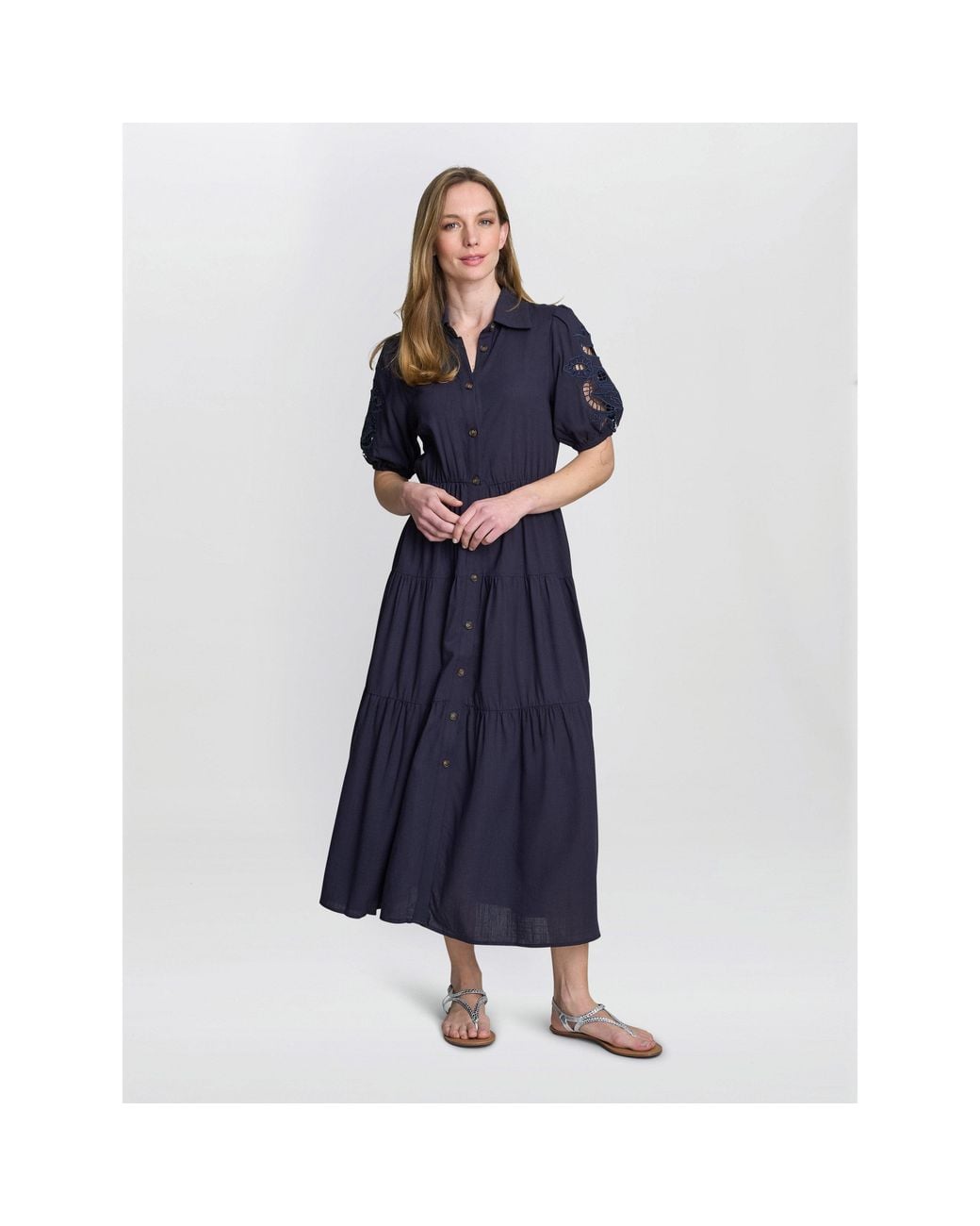 Gina Bacconi Blue Carey Puff Sleeve A-Line Dress