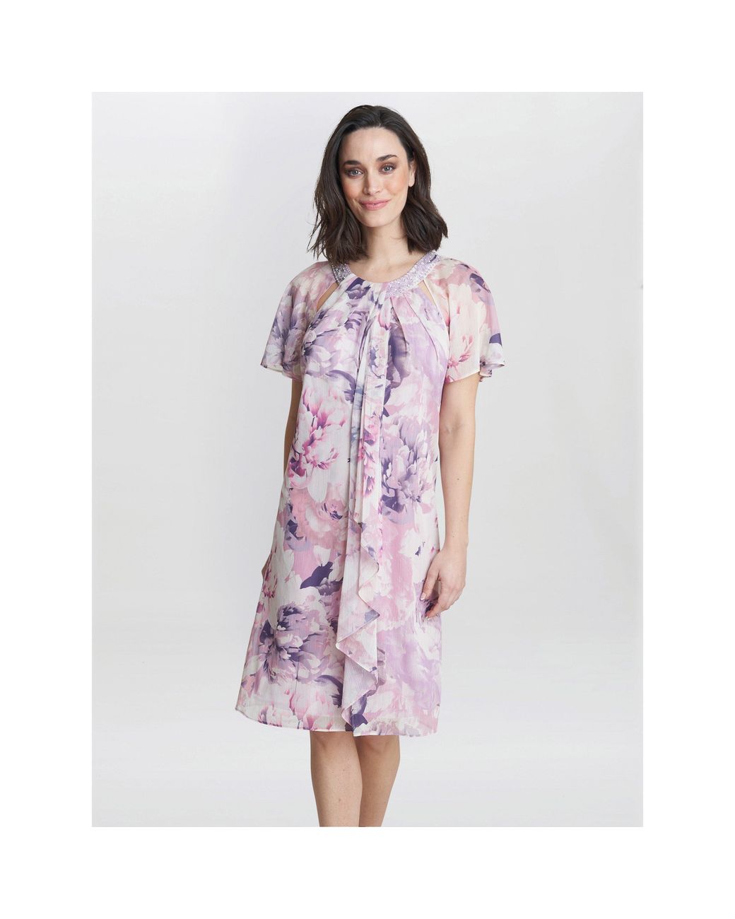 Gina Bacconi Purple Erika Printed Dress With Embellished Neckline