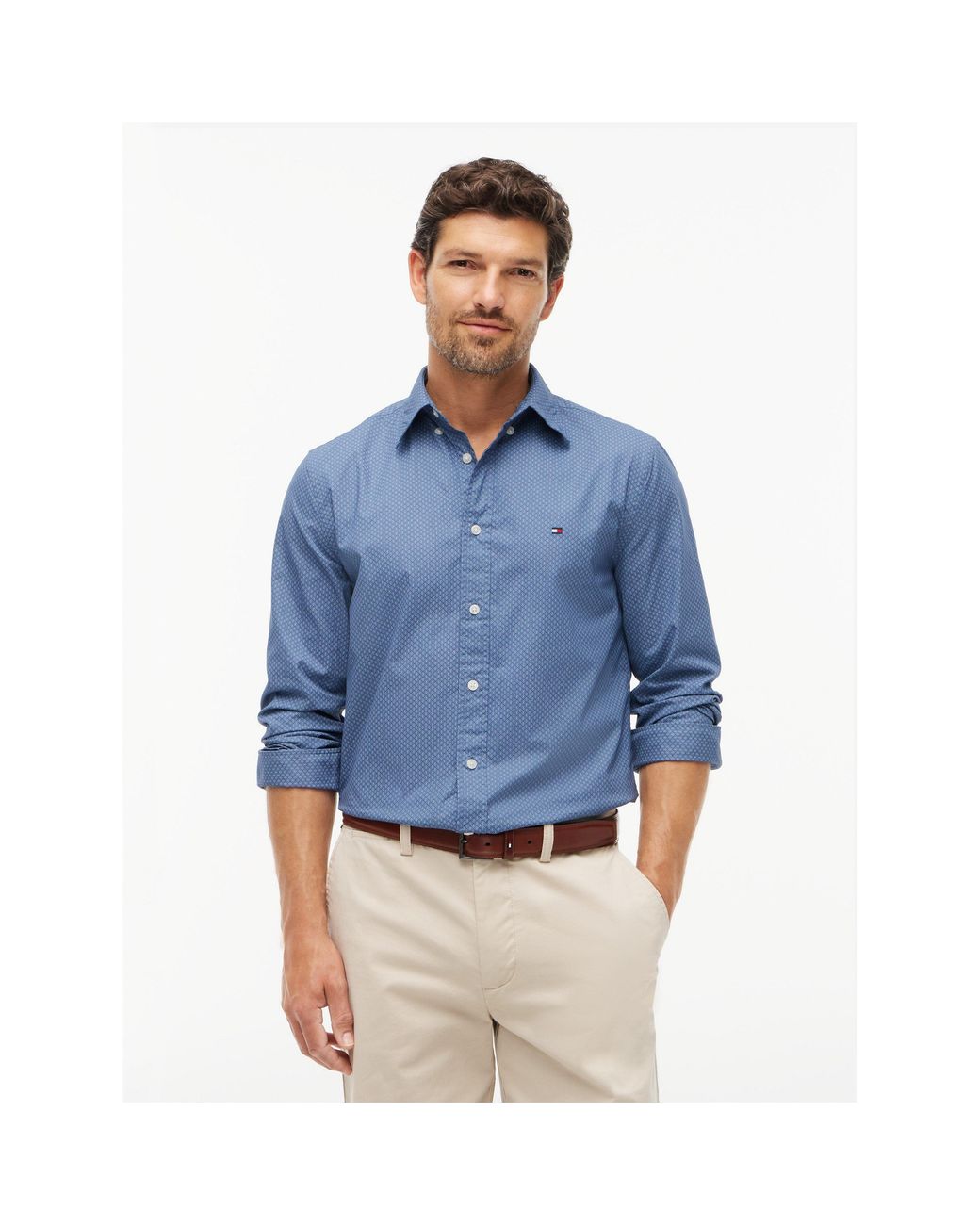 Tommy Hilfiger Blue Cotton Long-Sleeve Geometric Print Shirt for men