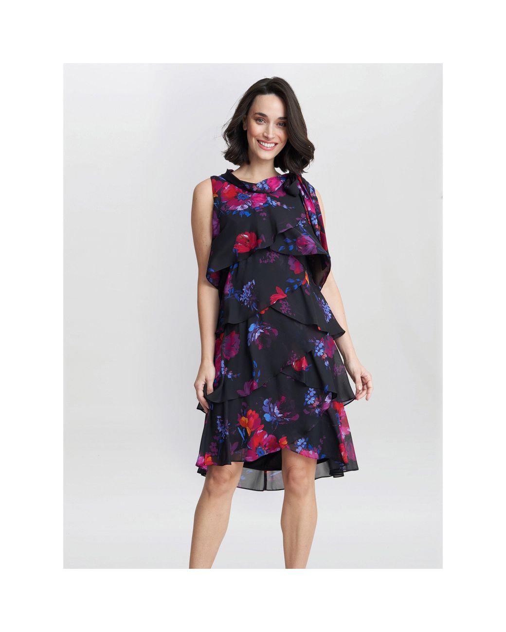 Gina Bacconi Blue Neesha Sleeveless Printed Tiered Dress