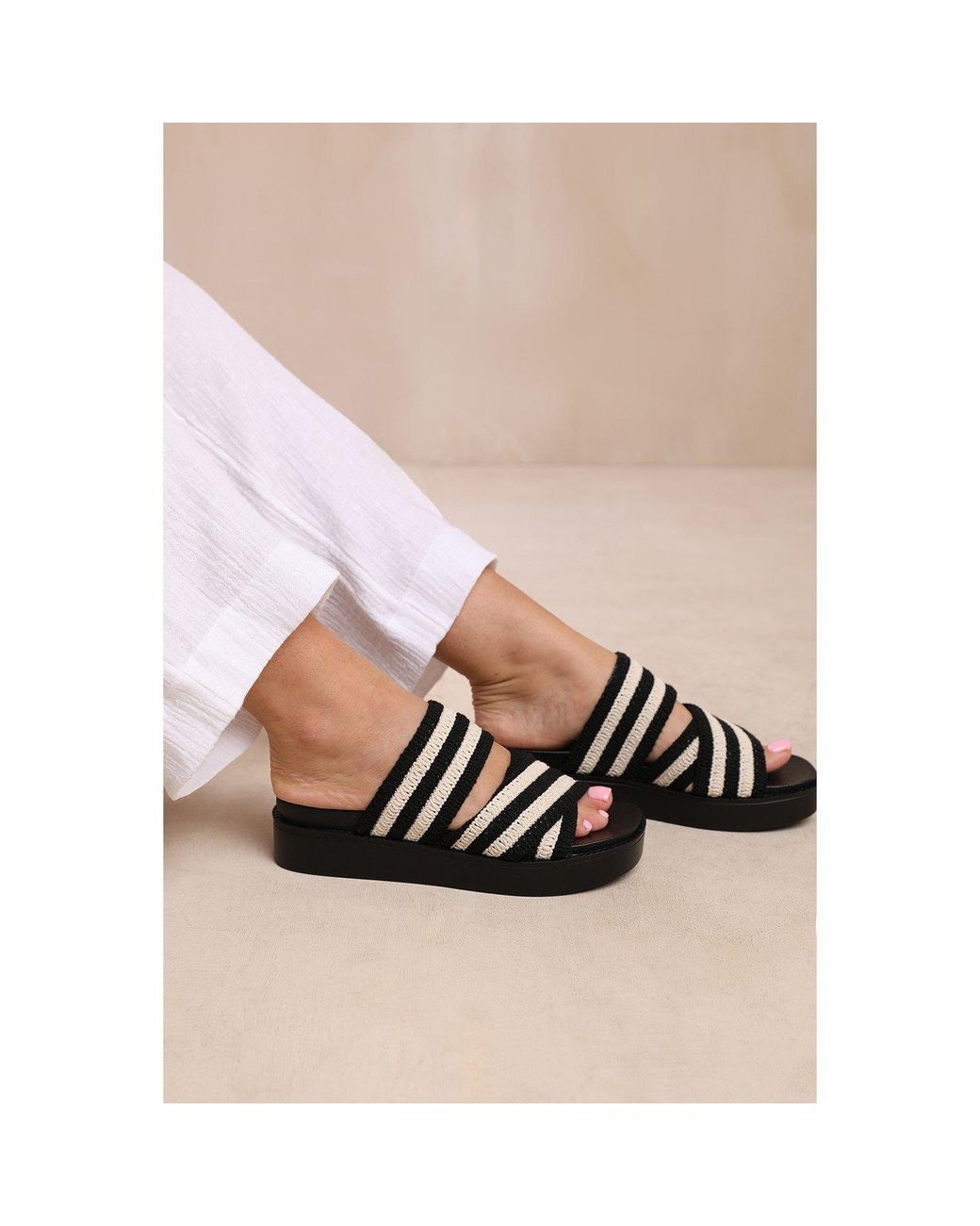 Where's That From Black Contrast Strap Flat Sandal