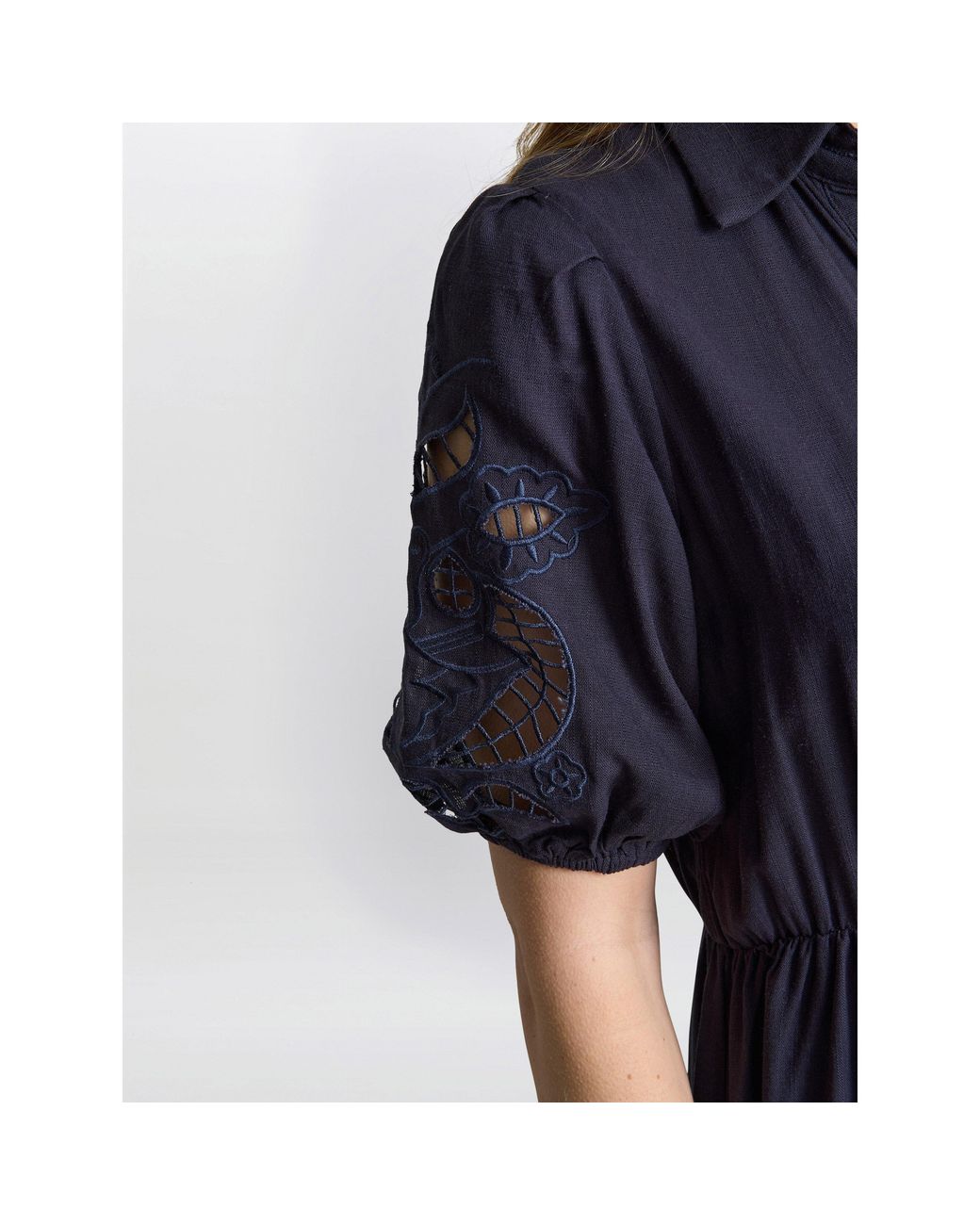 Gina Bacconi Blue Carey Puff Sleeve A-Line Dress