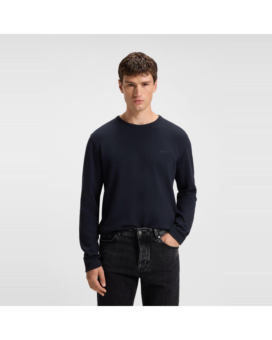 Boss Blue Tempesto Long-Sleeve Cotton Crew-Neck Polo Shirt for men
