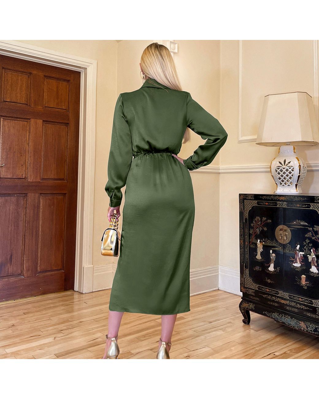 AX Paris Green Wrap Satin Shirt Midi Dress
