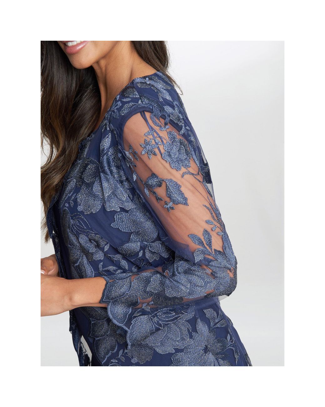Gina Bacconi Blue Savoy Embroidered Lace Mock Jacket Dress