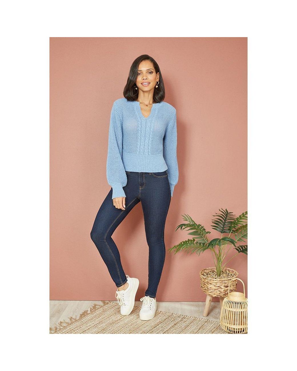 Yumi' Blue Balloon Sleeve Cable Knit Jumper
