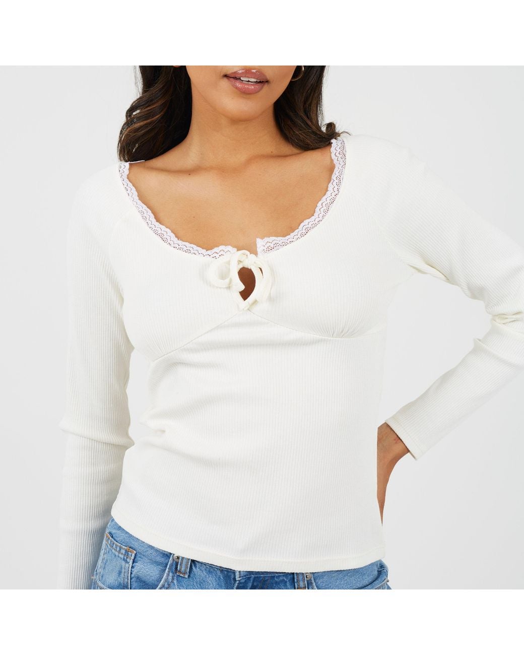 Brave Soul White Ladies Ribbed Long Sleeve Top