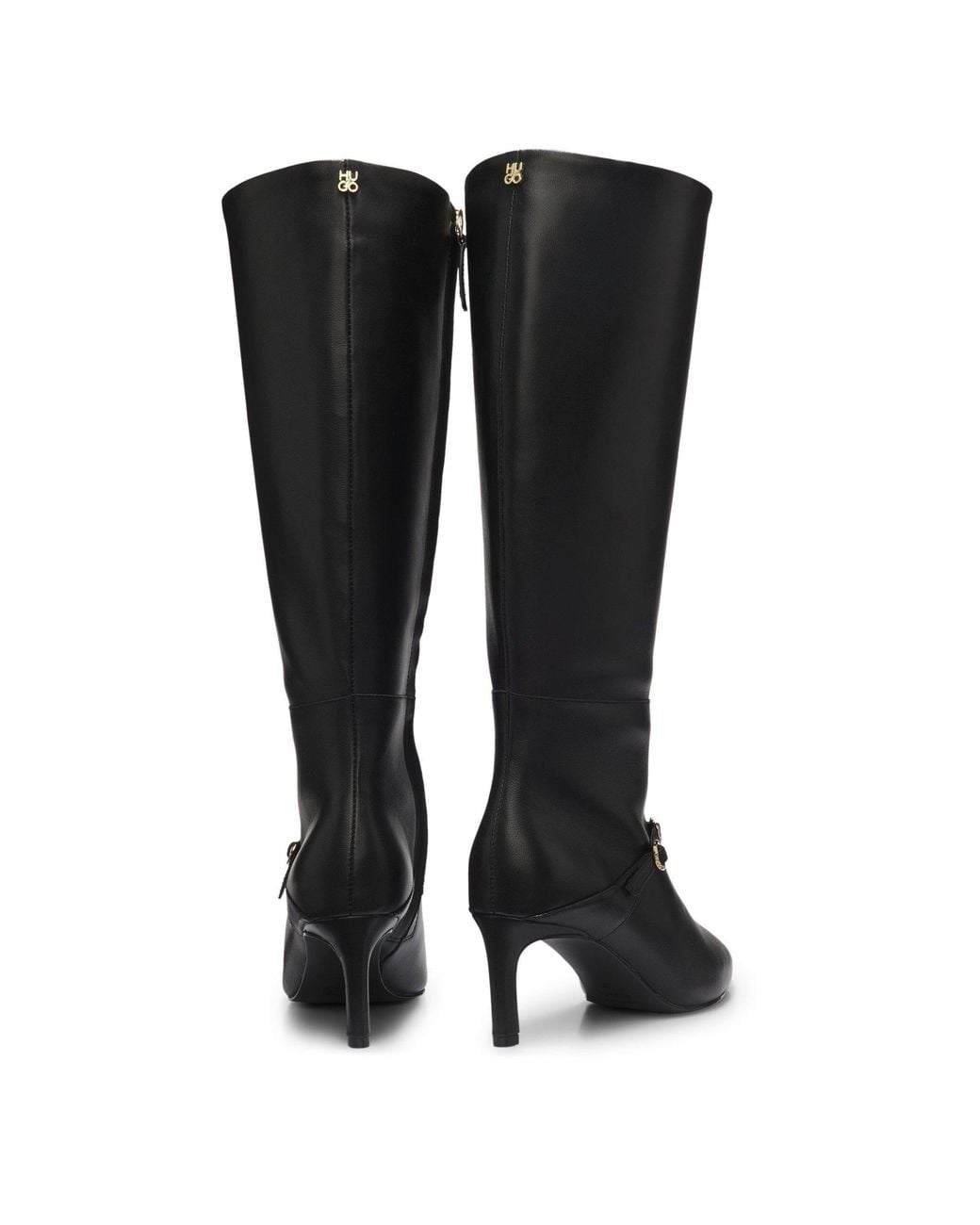 HUGO Black Knee-High Stiletto Boots With Metal Logo Details (Devany)