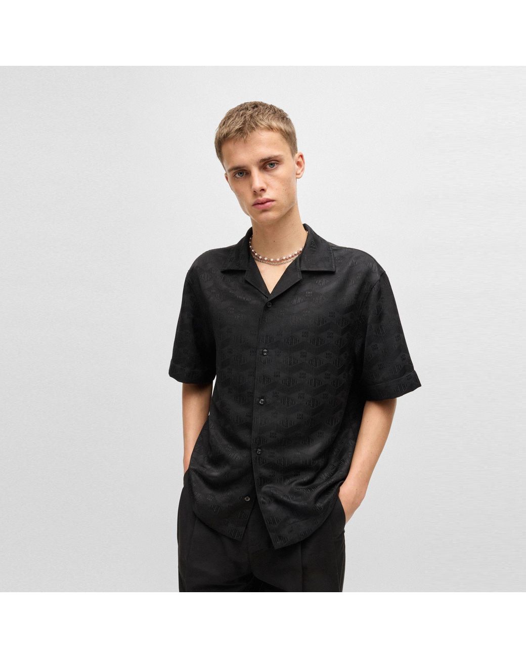 HUGO Black Espino Short-Sleeve Patterned Shirt for men