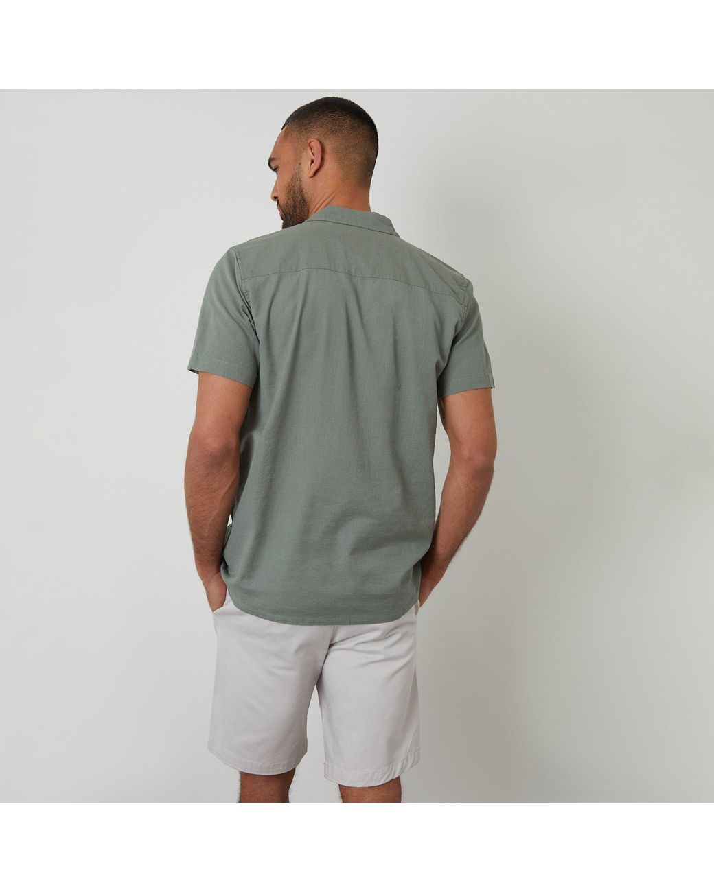 Threadbare Gray Linen Blend Palm Embroidered Short Sleeve Shirt for men